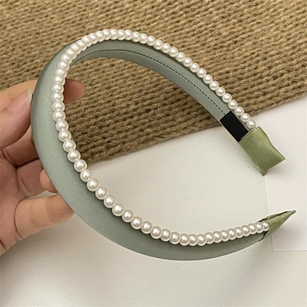S.A.V.I Women’s Green Satin Hairband with Pearls | Stylish Double Layered Padded Headband for Girls | Trendy & Comfortable Hair Accessory for Daily, Weddings, Parties & Gifting