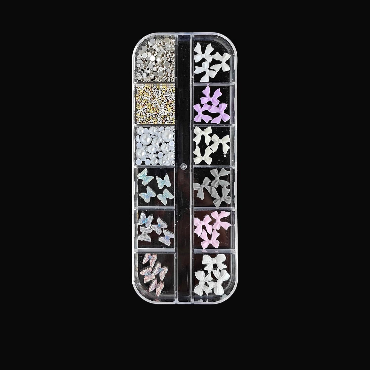 S.A.V.I 3D Nail Art Decoration Set – 12-Grid Box with 18 Bow Charms (6 Colours), 12 Butterfly Charms, Pearls, Rhinestones & Beads – DIY Nail Accessories for Professional Salon & Home Manicure