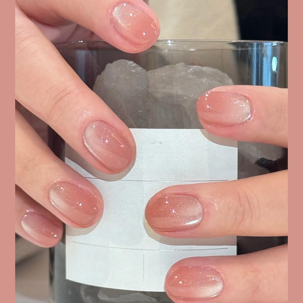 S.A.V.I 24 Pcs Reusable Cat Eye Nude & Blush Gradient Fake Nails | Short Square Press On Nails Kit with Glue & Adhesive Tabs | Glossy Finish DIY Nail Art for Women & Girls