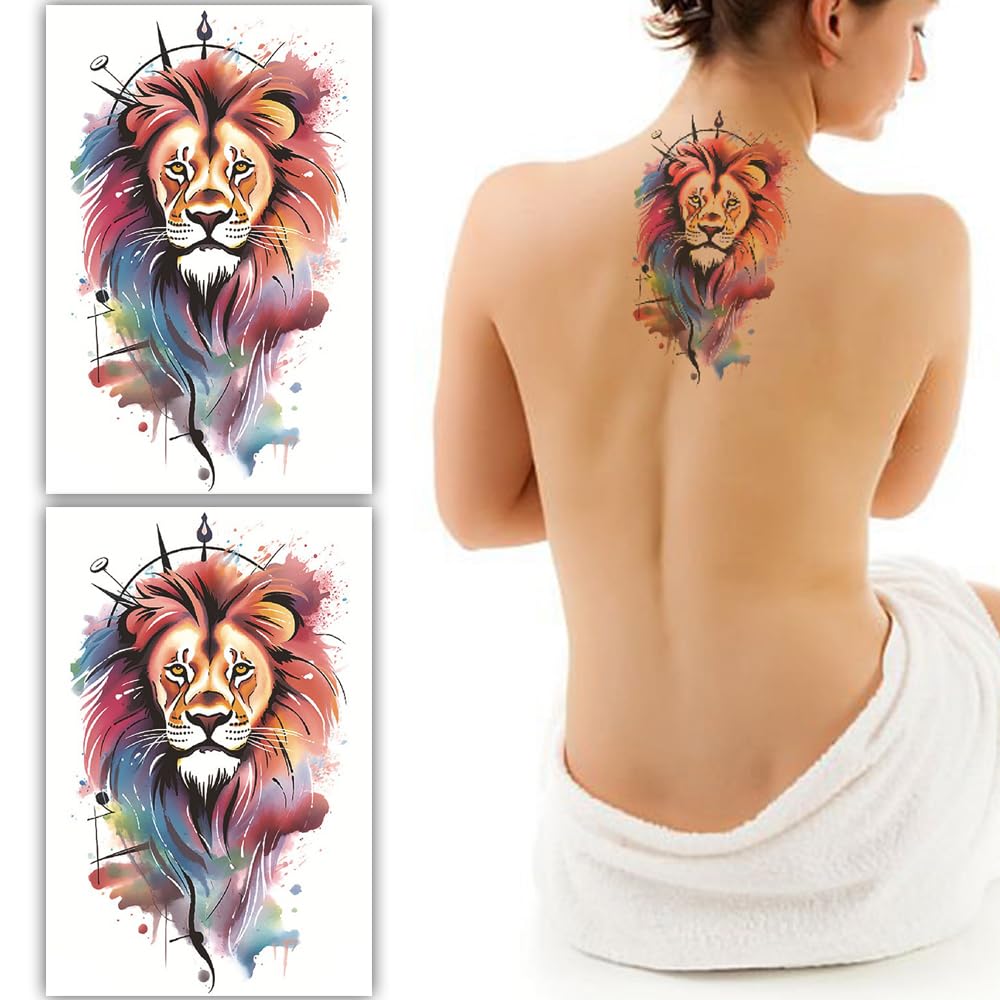 S.A.V.I 2 Sheets Large Lion Temporary Tattoos – 19x12cm Waterproof Body Art Stickers for Women  Men | Vibrant Multicolor Design, Long-Lasting Fake Tattoos for Back, Arm, Shoulder