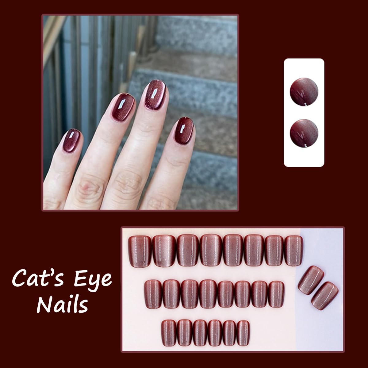 S.A.V.I 24 Pcs Short Natural Shape False Nails for Women | Maroon Cat’s Eye Glossy Press On Set with Glue & Adhesive Tabs | Reusable Artificial Tips, Easy Application & Removal