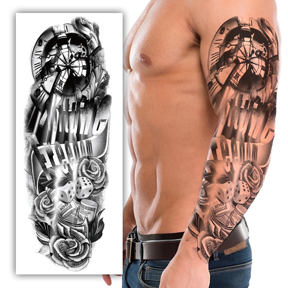 S.A.V.I Full Arm Tattoo Sleeve for Men – 48x17cm Black Temporary Body Art with Realistic Clock, Dice, Rose Design – Waterproof, Non-Toxic, Safe – Long Lasting for Parties, Events, Photoshoots