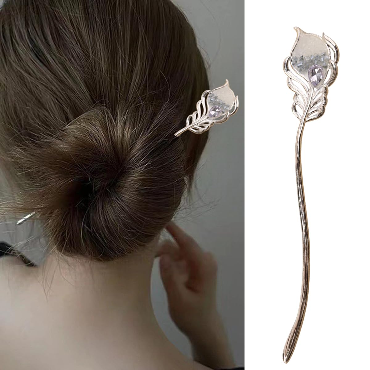S.A.V.I Silver Peacock Feather Hair Stick for Women | Elegant 16cm Long Hair Pin with Crystal Detailing | Traditional Bun Holder & Party Hair Accessory (1 Pc, 2.7cm Width)