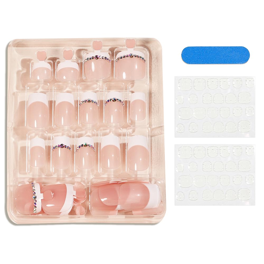 S.A.V.I 48 Pcs French Tip Fake Nails for Hands & Feet | Nude Pink White Press On Nails with Rhinestones | Medium Square Shape | Reusable Nail Art Kit for Women & Girls | Manicure Set