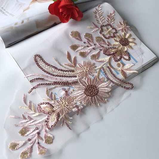 S.A.V.I 3D Embroidered Applique Patch – Rose Gold Floral Mesh Lace (16.5x7.5 in) | Sew-On DIY Fabric for Dresses, Sarees, Lehengas, Blouses, Gowns, Bridal Wear, Craft Sewing  Ethnic Outfit Decoration