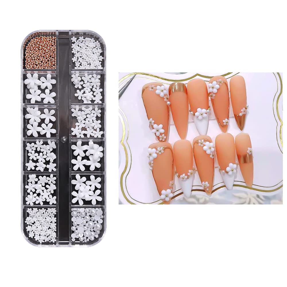 S.A.V.I DIY Nail Art Decorations Palette Resin Five Petal White Flowers, Rose Gold Caviar Steel Beads, Mix Pearls
