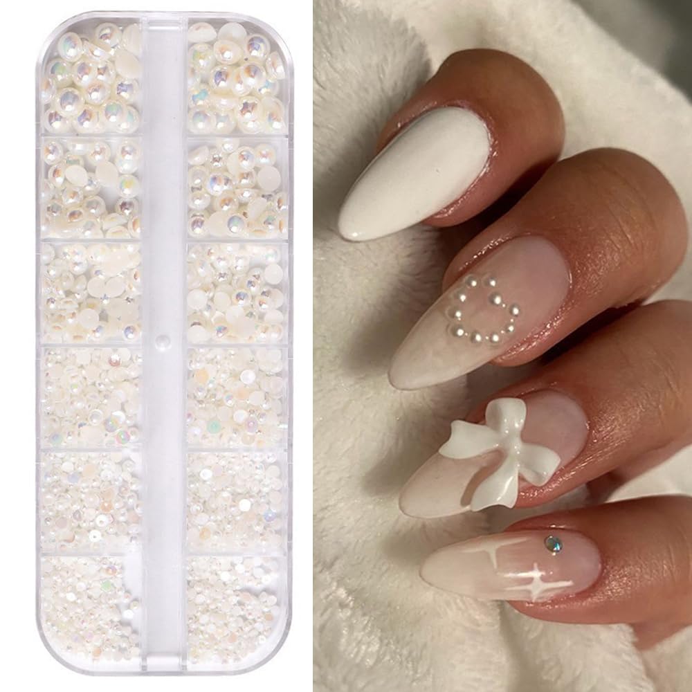 S.A.V.I Beige AB Pearl Accessories | 3D Flat-Back | Nail Art Decorations (Fake Nails not included)