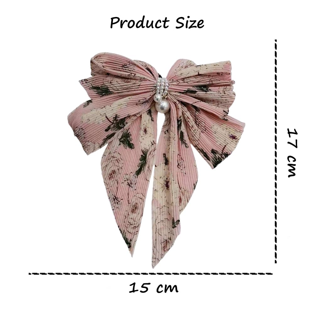 S.A.V.I Pink Floral Big Bow Hair Clip for Women & Girls | 17x15 cm Pleated Korean Style Barrette with Pearl Beads | Stylish Hair Accessory for Long Hair, Daily & Party