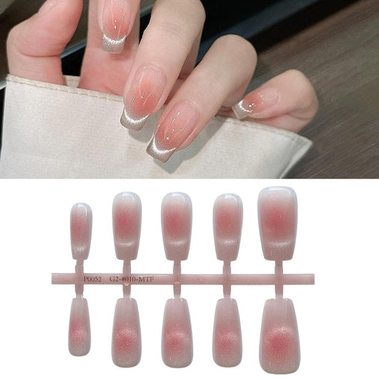 S.A.V.I 30 Pcs Long Coffin Nude & Blush Fake Nails with Cat Eye Glitter | Glossy Press-On Tips for Women | Reusable Acrylic Look Nail Art | Salon Style DIY Manicure at Home