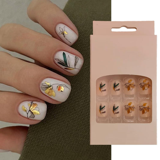 S.A.V.I 24pc Nude Floral  Leaf Square Press-On Nails - Adhesive Tabs  Glue Included