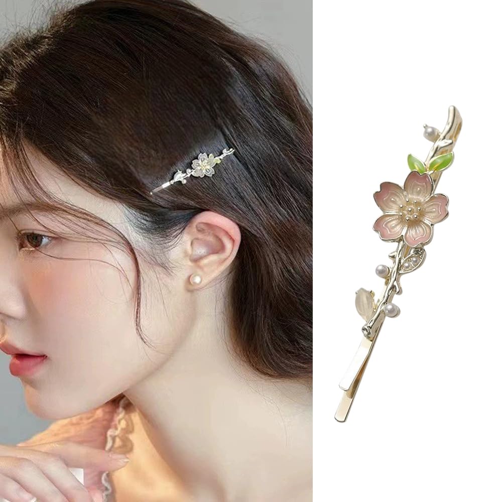 S.A.V.I Cherry Blossom Hair Clip for Women & Girls | Pink & Gold Floral Barrette 6cm | Elegant Pearl & Enamel Leaf Hairpin | Stylish Hair Accessory for Party, Wedding & Daily