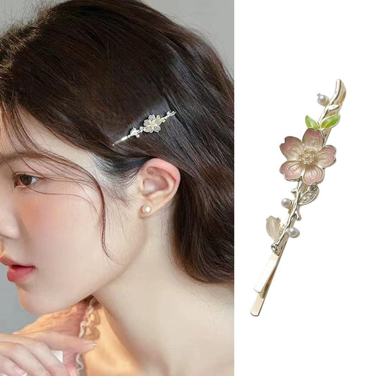 S.A.V.I Cherry Blossom Hair Clip for Women & Girls | Pink & Gold Floral Barrette 6cm | Elegant Pearl & Enamel Leaf Hairpin | Stylish Hair Accessory for Party, Wedding & Daily