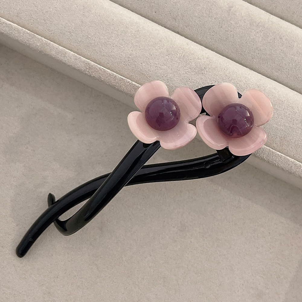 S.A.V.I Stylish 11cm Pink Floral Hair Clutcher for Women | Black Acrylic Hair Clip with Dual Flower Design | Strong Grip Clutch for Daily, Office, Casual & Party Hairstyles