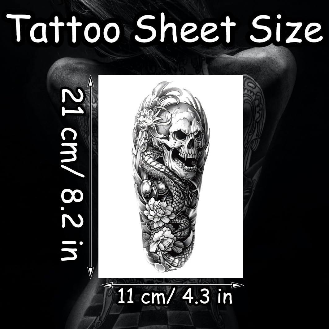 S.A.V.I Skull & Snake Arm Temporary Tattoo Sticker | Black Realistic Half-Sleeve Fake Tattoo for Men | Waterproof Non-Toxic Long-Lasting Removable Body Art | 1 Pc 21 x 11 cm Sheet