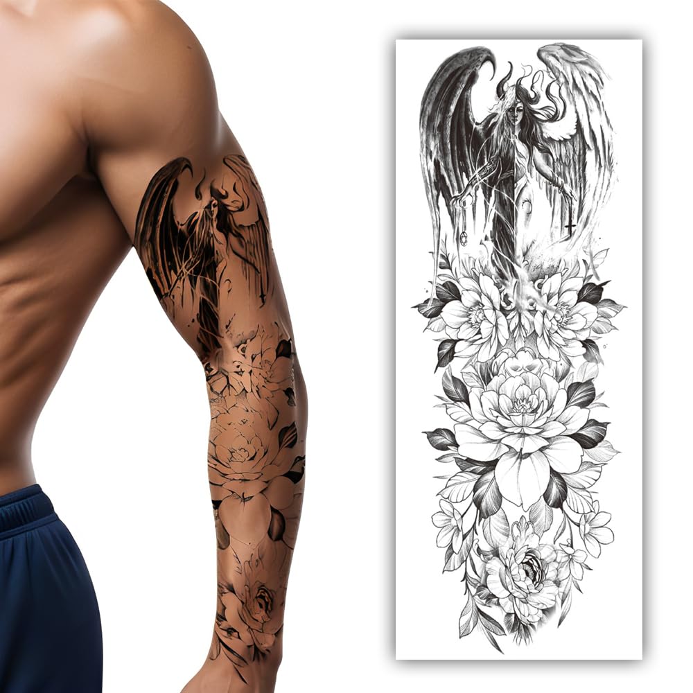 S.A.V.I Full Arm Temporary Tattoo for Men – 48x17 cm Black Dragon & Floral Sleeve Design | Waterproof, Long-Lasting, Non-Toxic Body Art Sticker | Easy to Apply & Remove | Realistic Look