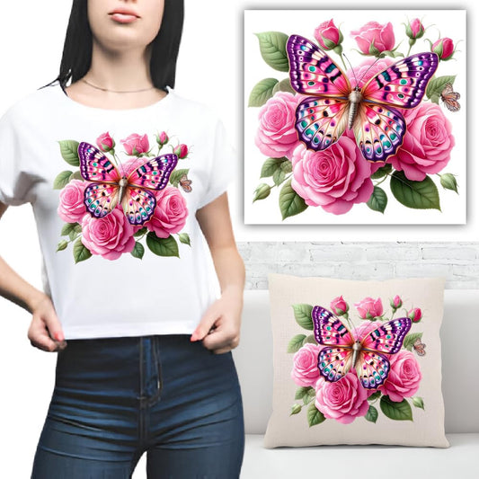 S.A.V.I Butterfly  Roses Iron-On Patch (8.5x7 Inch) – Washable Heat Transfer Sticker for DIY T-Shirts, Hoodies, Jeans, Backpacks  Pillows – Vibrant Design for Custom Apparel Crafting – 1PC