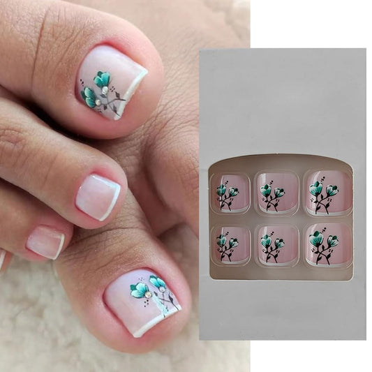 S.A.V.I 24 PCs Reusable Nude  White French Manicure Flower Print Press-On Fake Nails | Toe Nails | DIY Pedicure | Long-Lasting  Easy to Apply | Perfect for At-Home Salon Experience Online at Low Prices in India