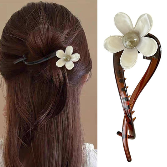 S.A.V.I Elegant 11cm Hair Clip for Women & Girls | White Flower with Pearl Center | Brown Tortoiseshell Acrylic Barrette | Stylish Floral Hair Accessory for Party, Ethnic & Daily