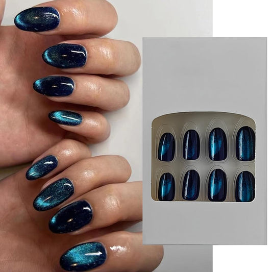 S.A.V.I 24 PCs Medium Length Round Shape Black and Blue Cat Eye Effect Press-on Fake Nails - DIY Manicure Kit - Reusable, Easy Application, Perfect for Salon-Quality Nails at Home
