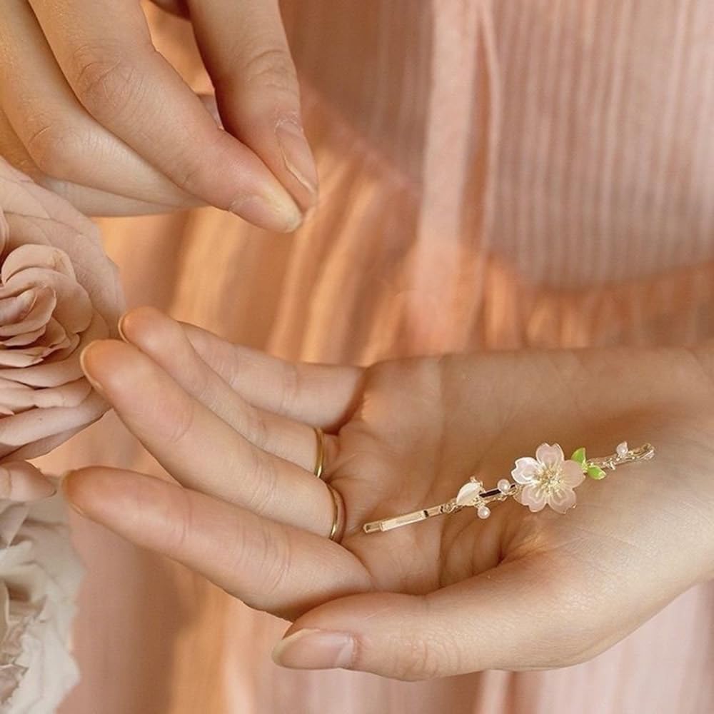 S.A.V.I Cherry Blossom Hair Clip for Women & Girls | Pink & Gold Floral Barrette 6cm | Elegant Pearl & Enamel Leaf Hairpin | Stylish Hair Accessory for Party, Wedding & Daily
