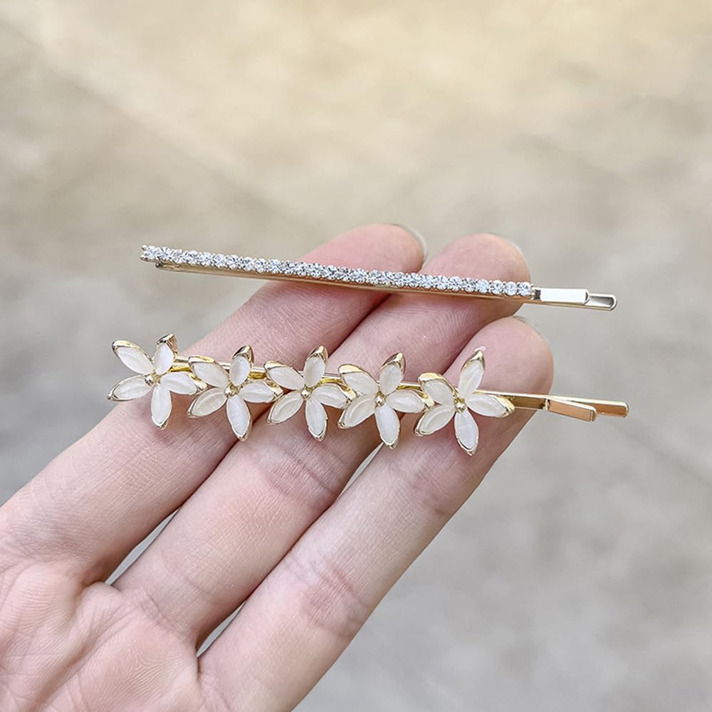 S.A.V.I 1 Pair Gold-Plated Flower Hairpins for Women & Girls | White Floral Hair Clips with Rhinestones | Elegant 7cm Hair Accessories for Wedding, Party & Daily