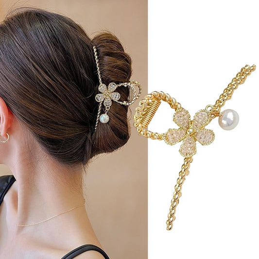 S.A.V.I Elegant Gold Metal Flower Hair Clutch Clip with Rhinestones  Pearl Charm – Stylish Hair Accessory for Women  Girls | Bridal, Party