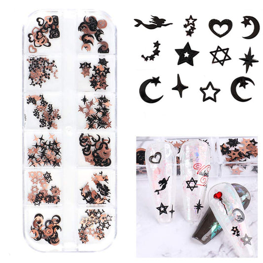 S.A.V.I 3D Nail Art Black  Rose Gold Stars Moon Metal Sequin Decorations Palette DIY