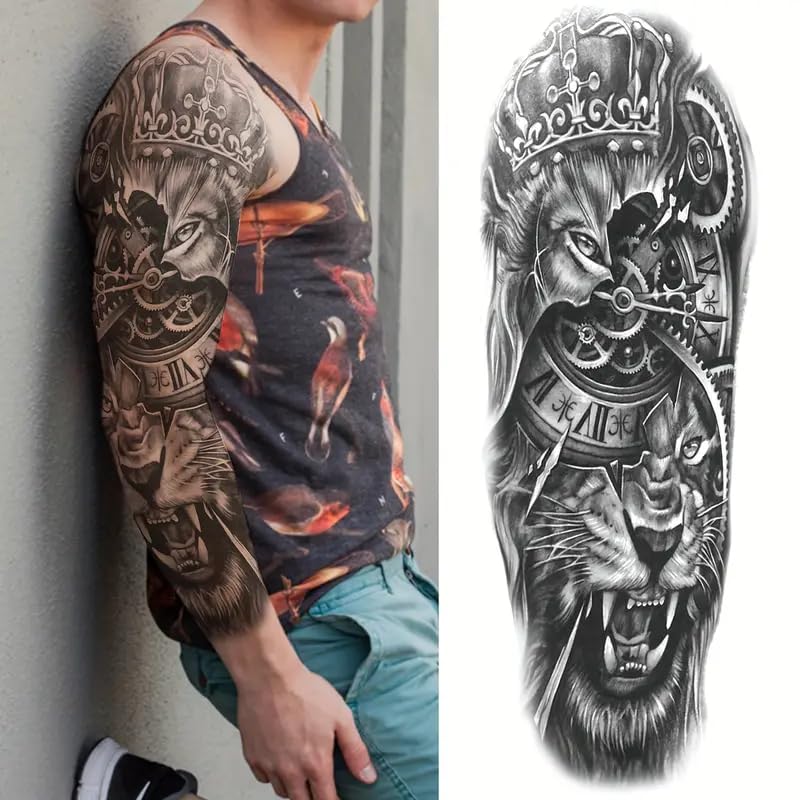 S.A.V.I Full Arm Lion King Temporary Tattoo for Men (48x17cm) – Black Realistic Sleeve Design with Clock & Gears | Waterproof, Long-Lasting, Safe Body Art for Party, Gym, Festive Look