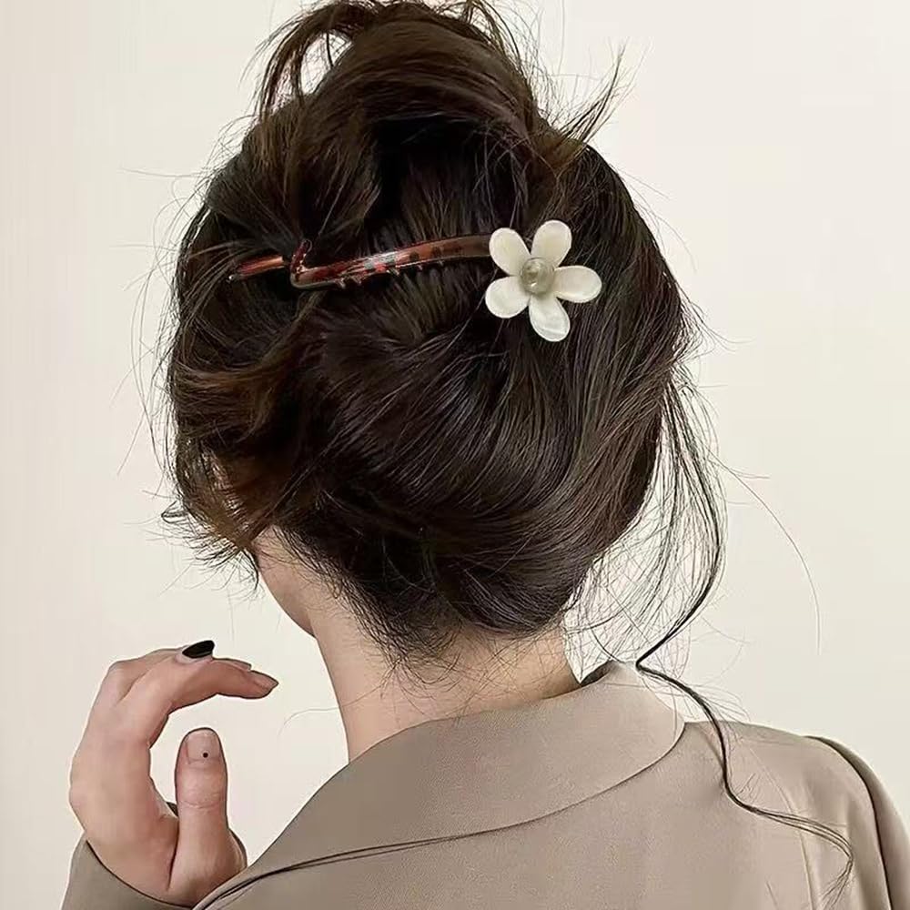 S.A.V.I Elegant 11cm Hair Clip for Women & Girls | White Flower with Pearl Center | Brown Tortoiseshell Acrylic Barrette | Stylish Floral Hair Accessory for Party, Ethnic & Daily