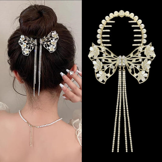 S.A.V.I Elegant Gold Bow Hair Clip for Women - Pearl  Rhinestone Tassel Hairpin | Floral Orchid Design Hair Accessories for Updos | Wedding, Party  Festivals | Durable  Stylish (1 Pc)