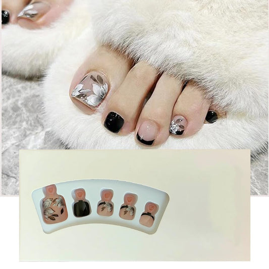 S.A.V.I 24 pcs - Nude  Black Floral Press-On Toe Nails, Easy At-Home Pedicure Kit