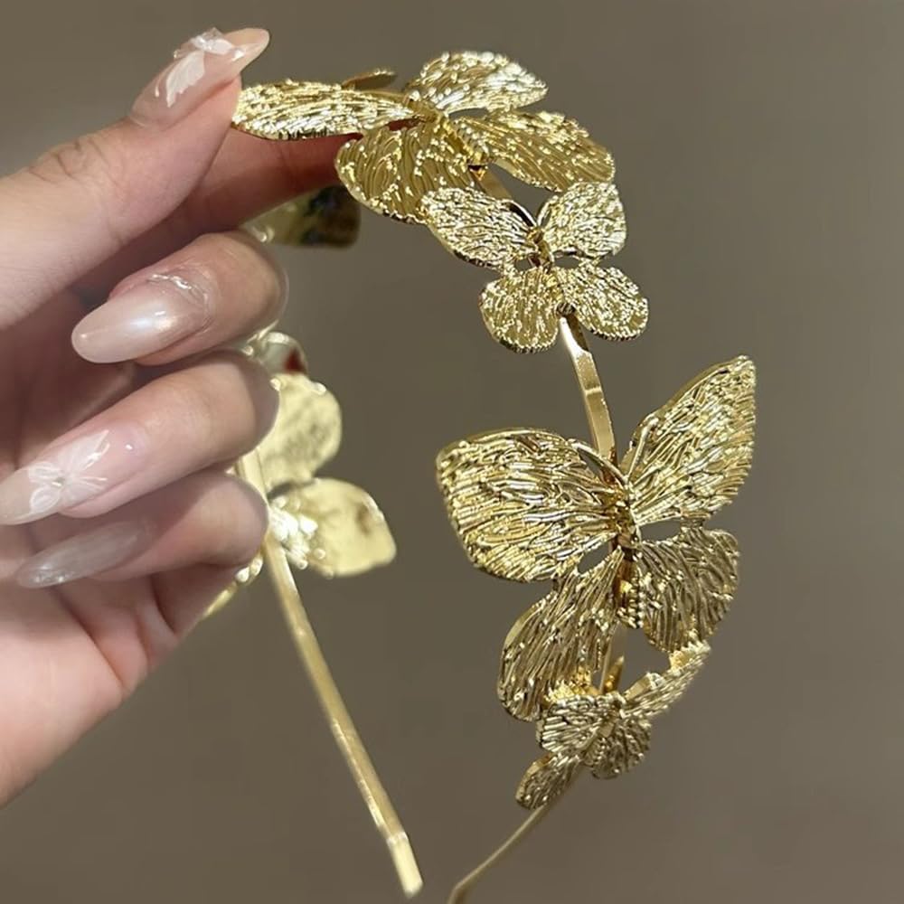S.A.V.I Golden Butterfly Hairband for Women & Girls | Elegant Metal Headband | Lightweight Adjustable Floral Design | Party, Wedding, Festive & Stylish Hair Accessory – 14.5cm (Gold, Onesize)