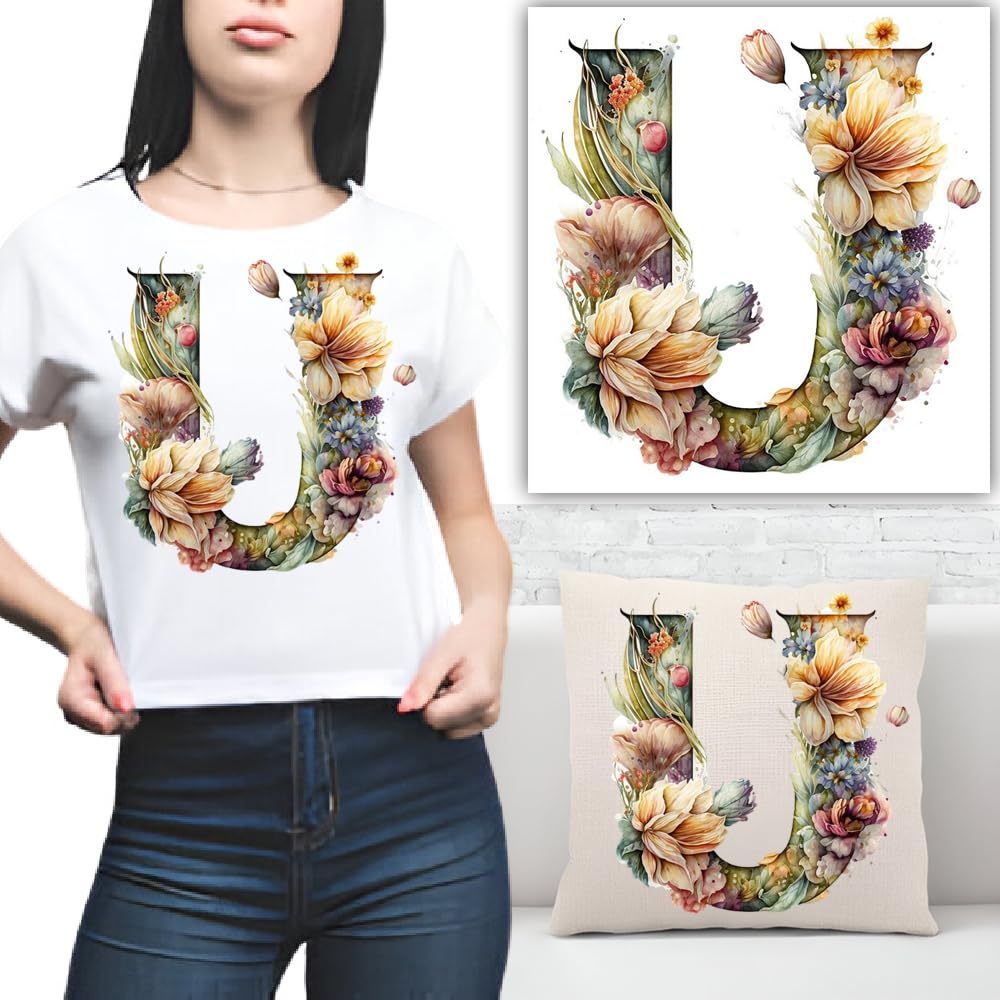 S.A.V.I 1PC Floral Alphabet Iron-On Patch – Washable Heat Transfer Sticker for DIY T-Shirts, Jeans, Pillows, Backpacks, Hats – Easy Applique with Beautiful Flower Design – Clothing  Accessories Patch (U)