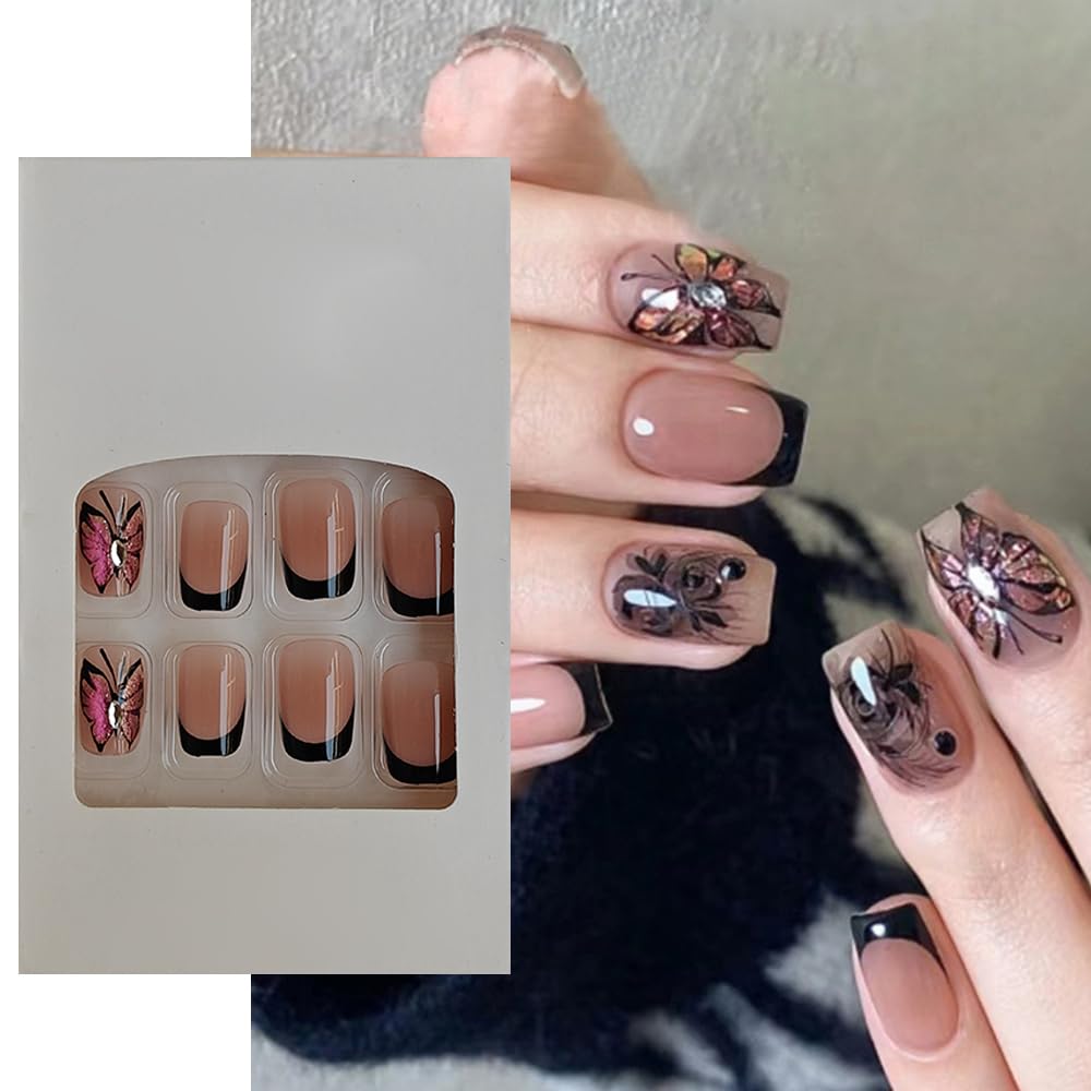 S.A.V.I 24 Pcs Short Square French Manicure Fake Nails | Nude  Black with Rose  Butterfly Pink Glitter Design | DIY Press-On Nail Set for Women | Natural, Comfortable  Perfect for Parties