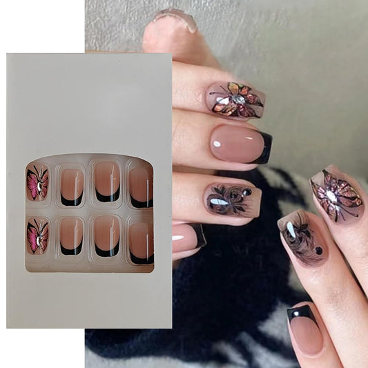 S.A.V.I 24 Pcs Short Square French Manicure Fake Nails | Nude  Black with Rose  Butterfly Pink Glitter Design | DIY Press-On Nail Set for Women | Natural, Comfortable  Perfect for Parties