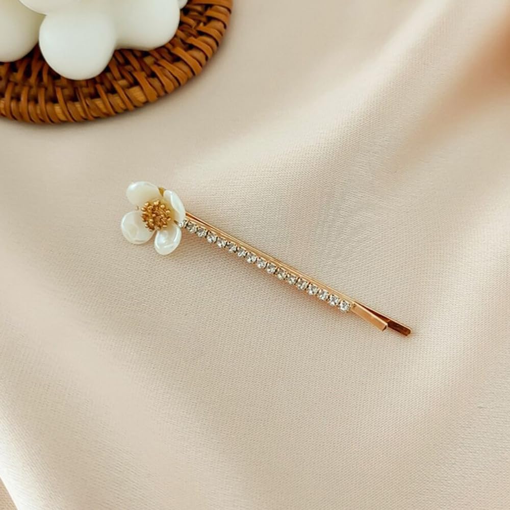 S.A.V.I 1 Pair Golden Flower Rhinestone Hairpins for Women & Girls | Elegant Pearl Bobby Pins | Stylish Hair Accessories for Party, Wedding, Daily | 6.8cm Floral Clips