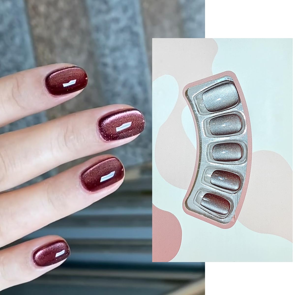 S.A.V.I 24 Pcs Short Natural Shape False Nails for Women | Maroon Cat’s Eye Glossy Press On Set with Glue & Adhesive Tabs | Reusable Artificial Tips, Easy Application & Removal