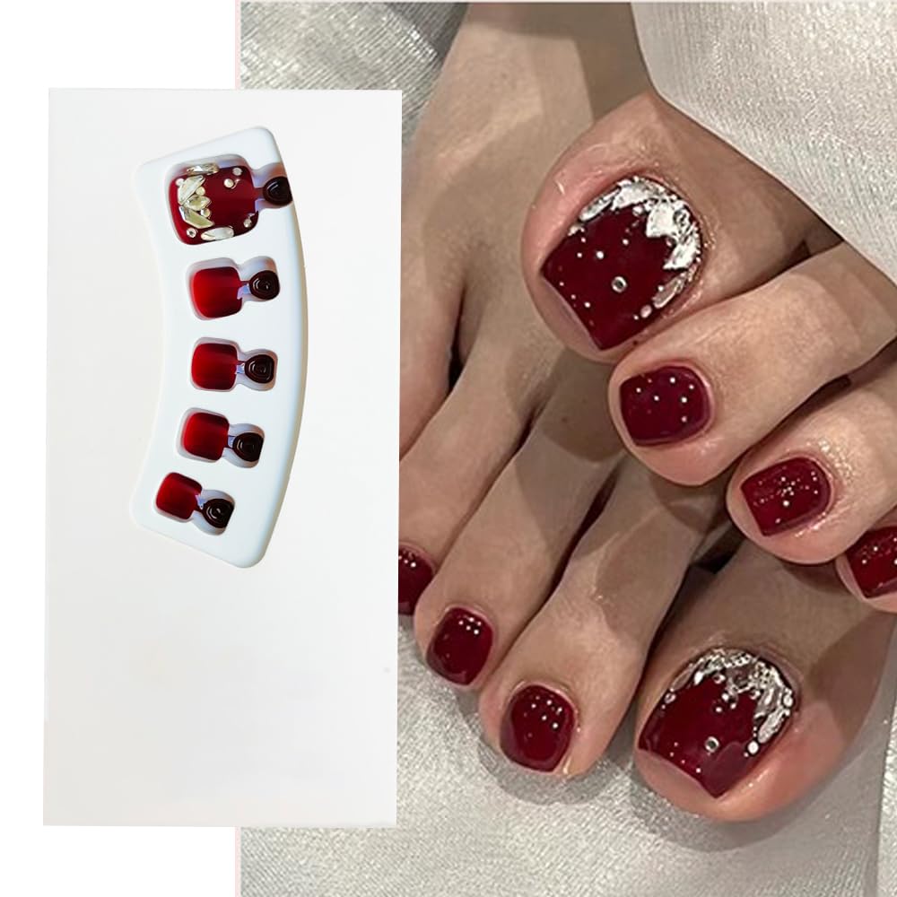 S.A.V.I 24pcs Dark Wine Red 3D Crystal Pedicure Press-On Toenails - Easy Application False Nails