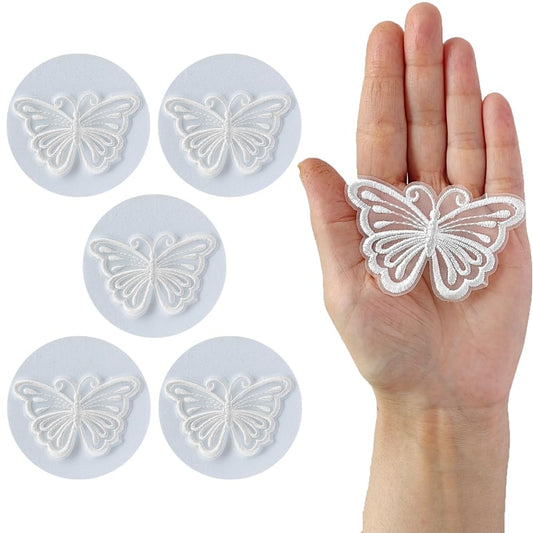 S.A.V.I 5PCS. Embroidered Butterfly Appliqué Patches - Delicate Organza White Lace Design | Easy Sew-On for Craft Projects, Clothing, Accessories | Ideal for DIY Decor (2.7x1.7 inches)