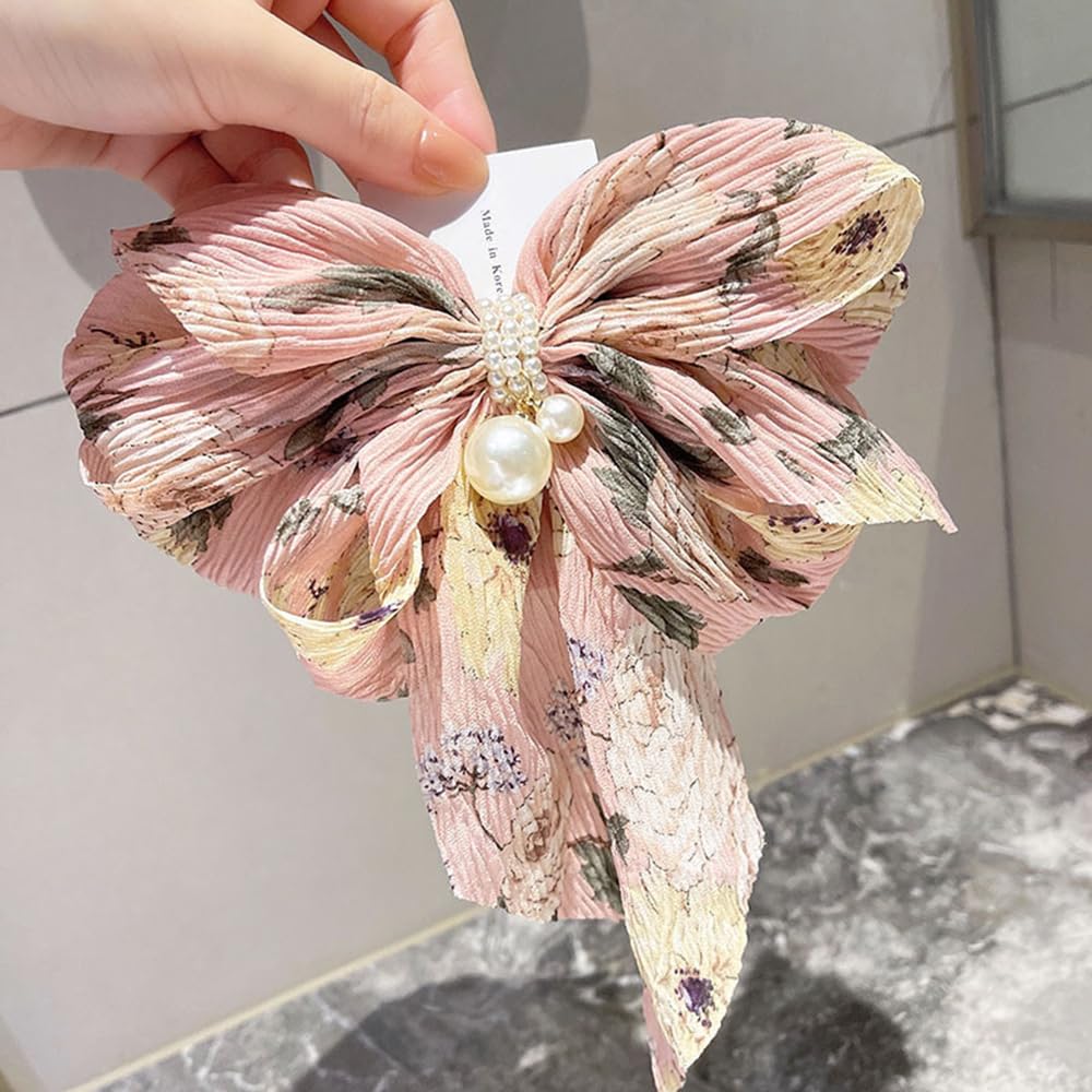 S.A.V.I Pink Floral Big Bow Hair Clip for Women & Girls | 17x15 cm Pleated Korean Style Barrette with Pearl Beads | Stylish Hair Accessory for Long Hair, Daily & Party
