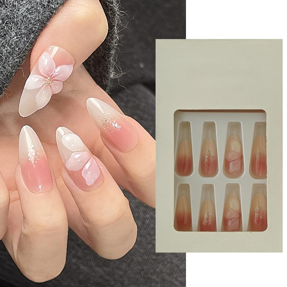 S.A.V.I 24Pcs Long Almond Fake Nails Nude Blush Gradient with 3D Flower, Glitter Tips – Reusable Press On Acrylic Nails Set with Glue & Tabs for Women & Girls – Nail Art Extension