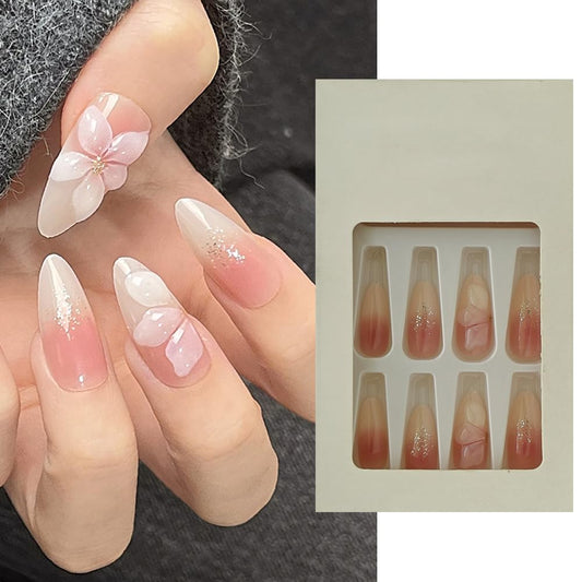 S.A.V.I 24Pcs Long Almond Fake Nails Nude Blush Gradient with 3D Flower, Glitter Tips – Reusable Press On Acrylic Nails Set with Glue & Tabs for Women & Girls – Nail Art Extension
