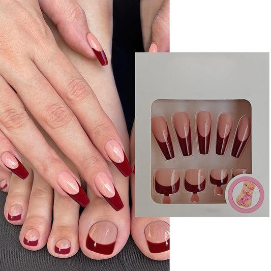S.A.V.I 48 Pcs Maroon Wine Coffin Shape Fake Nails Set | French Manicure Kit | Long Press-On Nails for Hands  Feet | Salon Finish at Home | Ideal for Weddings  Parties | Trendy  Durable