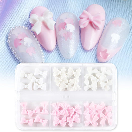 S.A.V.I 3D Bow Nail Art Decorations | 30 Pcs Multicolor Bowknot Nail Charms | DIY Acrylic Manicure Décor for Women | Cute Pink  White Nail Accessories | Small Box for Nail Art  Salon Use