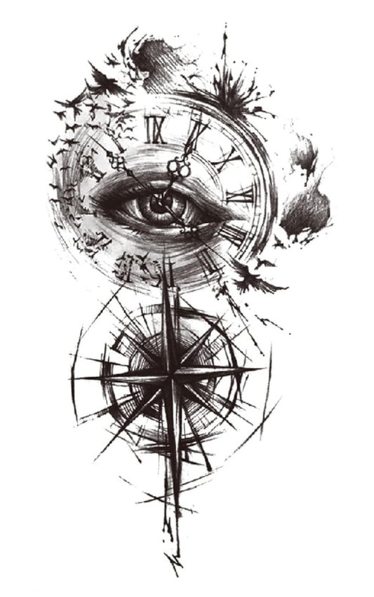 S.A.V.I Temporary Tattoo Stickers, Scarry Eye Clock Birds Compass Tattoo Pattern For Men, Women, Tattoo For Hand Arm, Size 21x11cm - 1Pc.