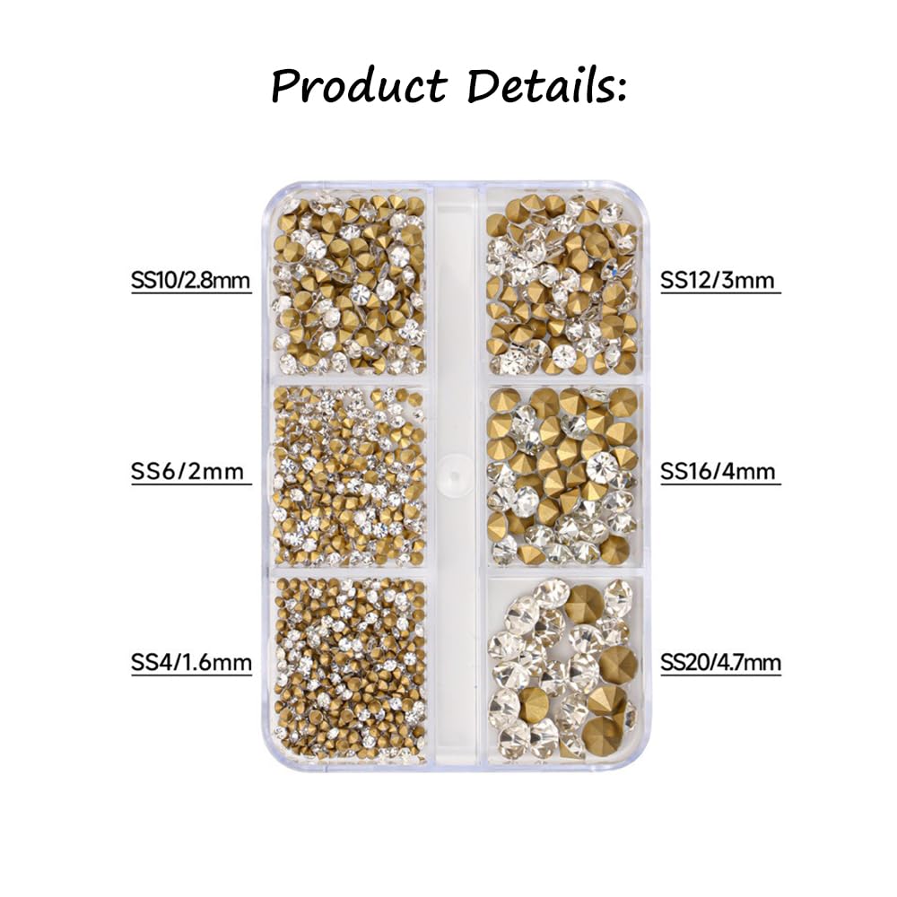 S.A.V.I 1000pcs White Crystal Nail Rhinestones | Pointed-Back Glass Stones in 6 Sizes | 3D Nail Art Decoration Gems for DIY Manicure, Acrylic Nails & Salon Use