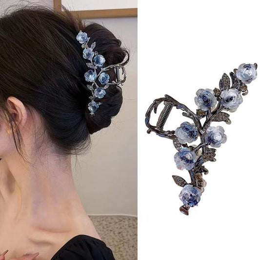 S.A.V.I Elegant Blue Rose Hair Clutch Clip for Women  Girls | Floral Design with Crystal Accents | Durable Metal Hair Accessory | Stylish Party  Daily Looks | Trendy 12cm x 5.7cm Hair Clip