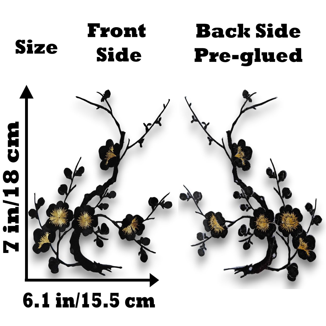 S.A.V.I 3D Black Floral Embroidered Patch 7x6.1 Inch – Iron-On Applique for Sarees, Kurtis, Jackets, Blouses – Pre-Glued Cherry Blossom Design for Clothes & DIY Decoration (Black)