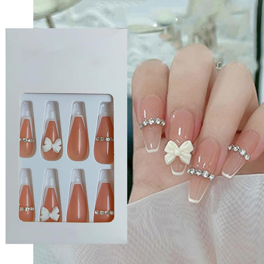 S.A.V.I 24Pc Long Coffin Nude French 3D Bowknot Press-On Nails - Elegant Fake Manicure