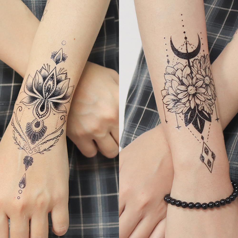 S.A.V.I 3 Pcs Large Floral Temporary Tattoos for Women – 16x9 cm Black Waterproof Body Art – Safe Non-Toxic Long-Lasting Arm, Back, Neck Tattoo Stickers – Mandala, Moon, Arrow Designs (02)